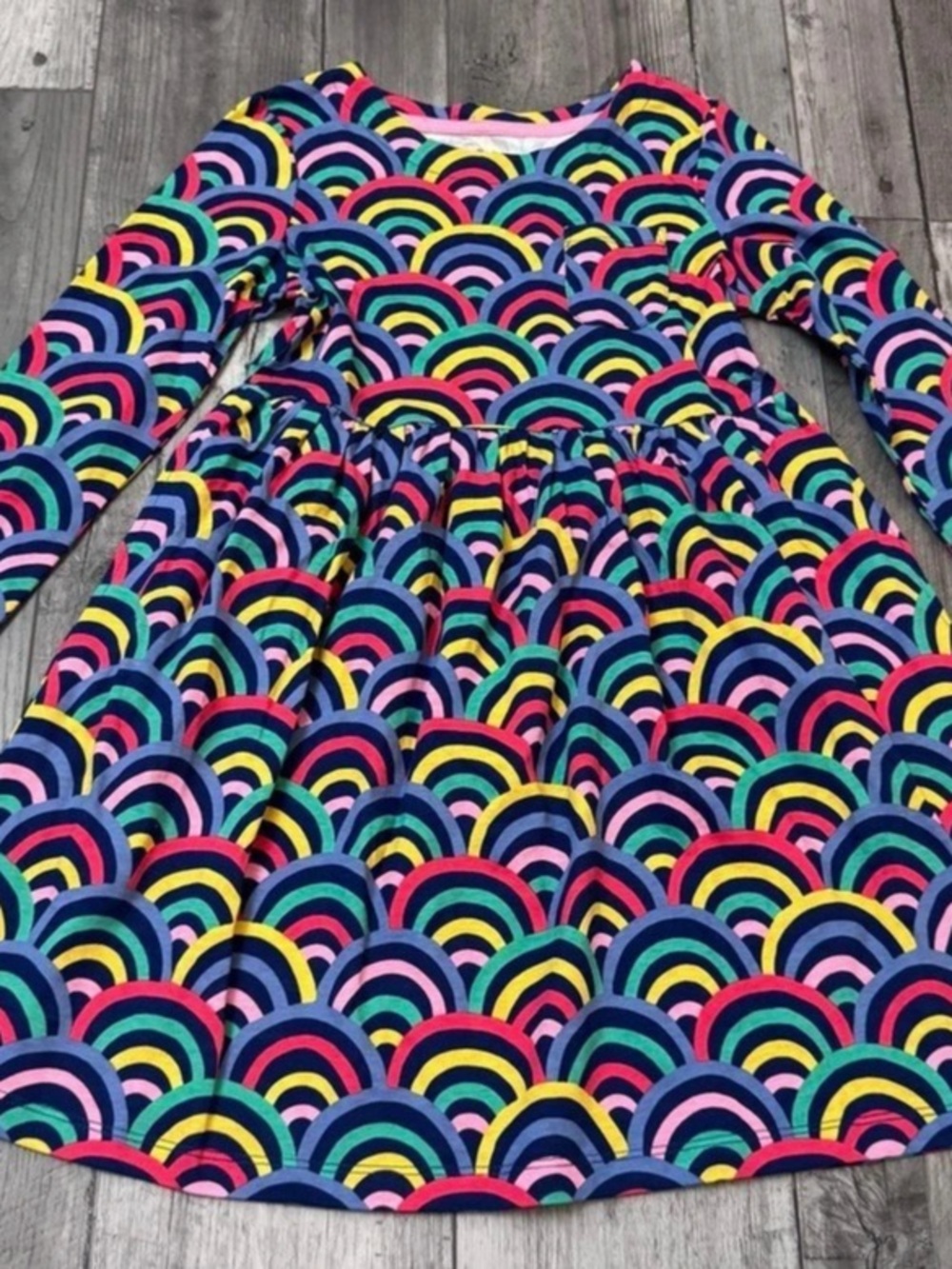 Mini Boden Girls Rainbow Long Sleeve Cotton Skater Dress Multi Color Pockets 7-8